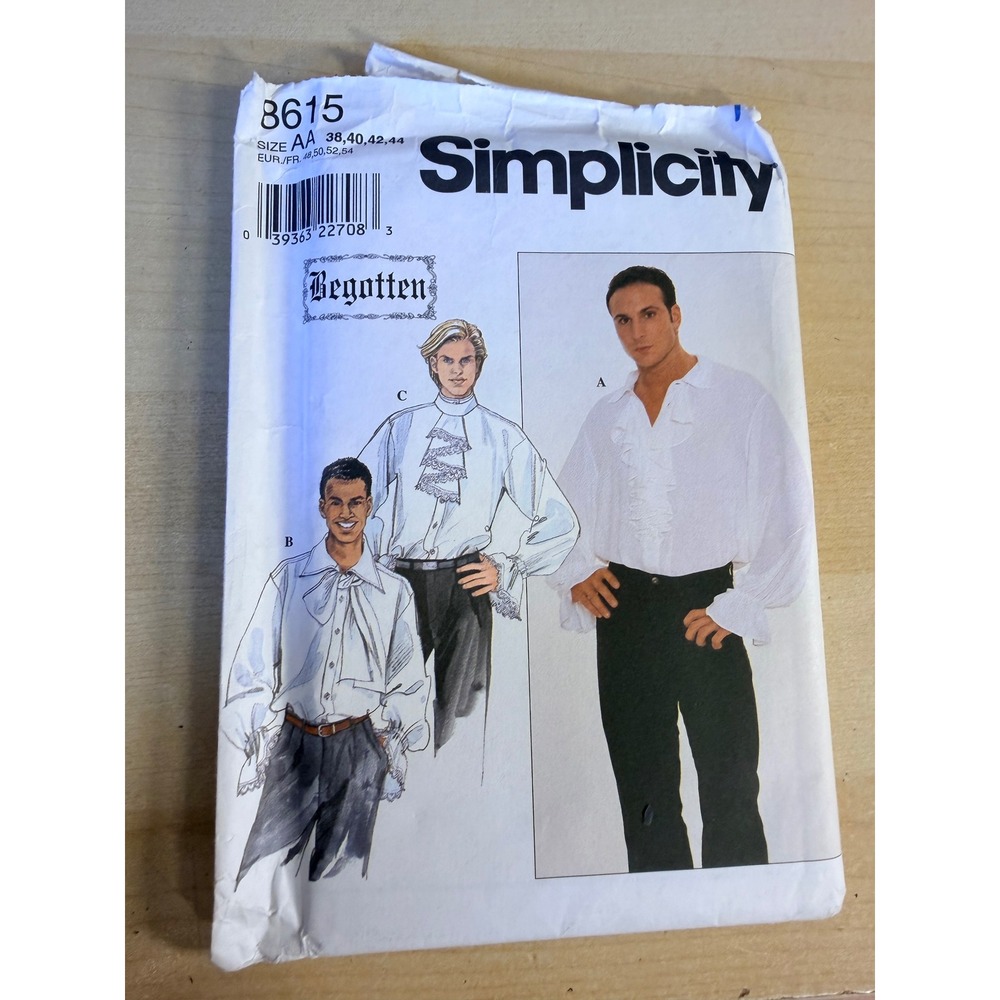 Simplicity 8615 Sewing Pattern Size AA White Good Mens Ruffle Pirate Shirt Goth